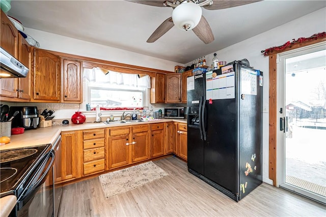 kitchen featuring black appliances, light hardwood / wood-style floors, a wealth of natural light, and sink