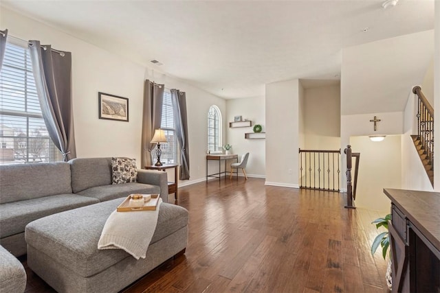 living room with dark wood-type flooring