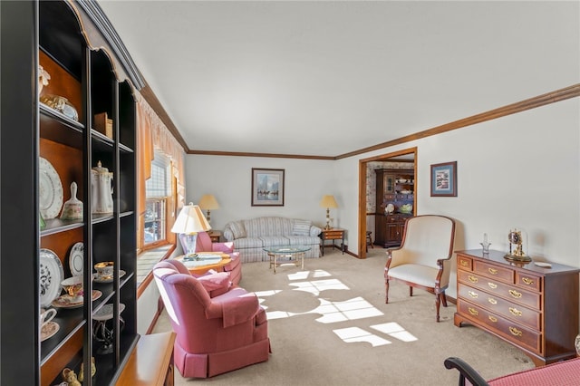 living room with light colored carpet and crown molding