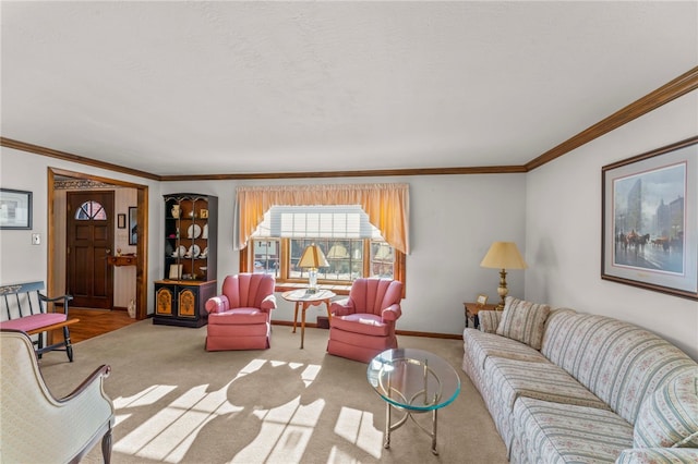 carpeted living room featuring ornamental molding