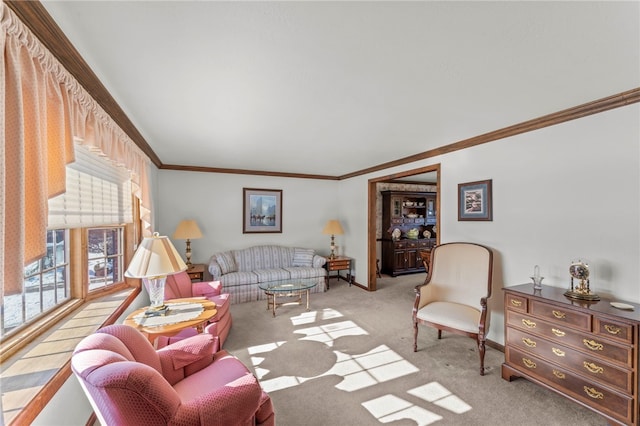 carpeted living room featuring crown molding