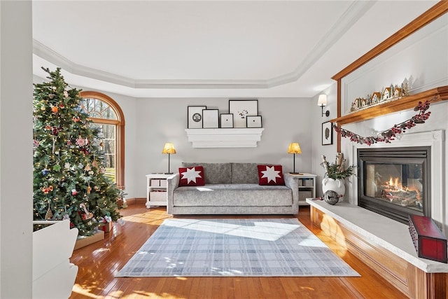 living room with light hardwood / wood-style floors, crown molding, and a tray ceiling