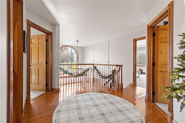 hallway with an inviting chandelier and hardwood / wood-style flooring