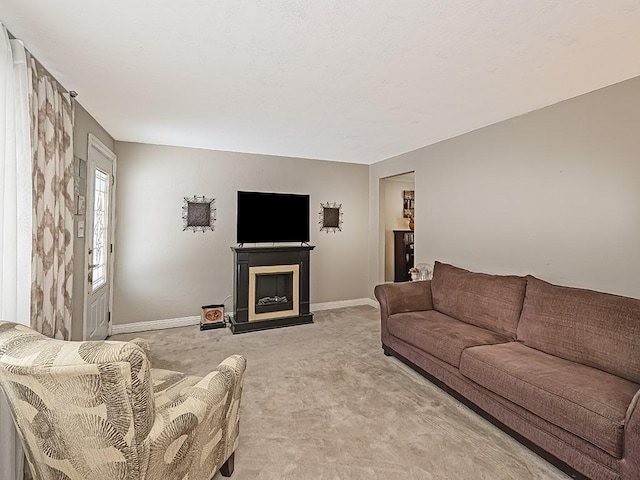 living room with light colored carpet