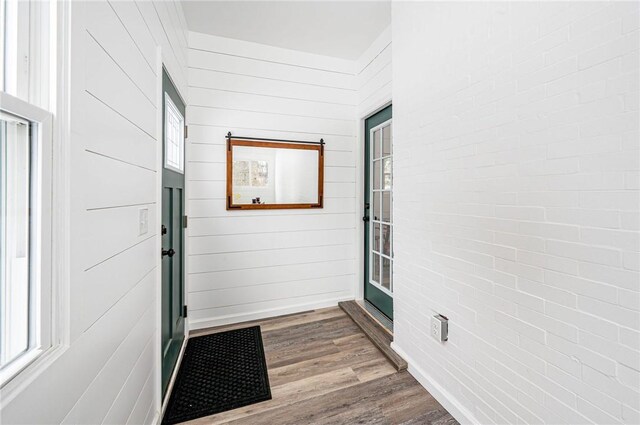 interior space featuring wooden walls and hardwood / wood-style floors