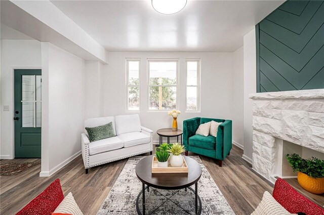 living room with wood-type flooring and a stone fireplace