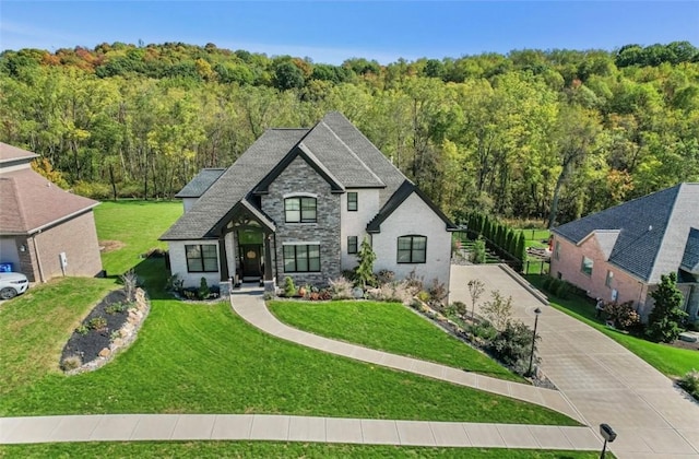 french country home featuring a front yard