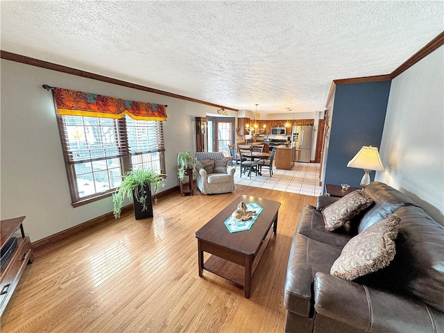 living room with a textured ceiling, ornamental molding, and light hardwood / wood-style flooring