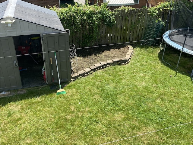 view of yard with a trampoline and a storage shed