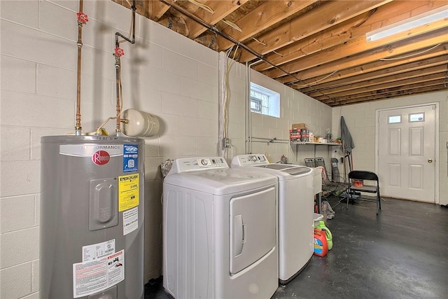 laundry area featuring electric water heater and washer and clothes dryer