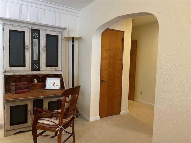 interior space with ornamental molding and light carpet