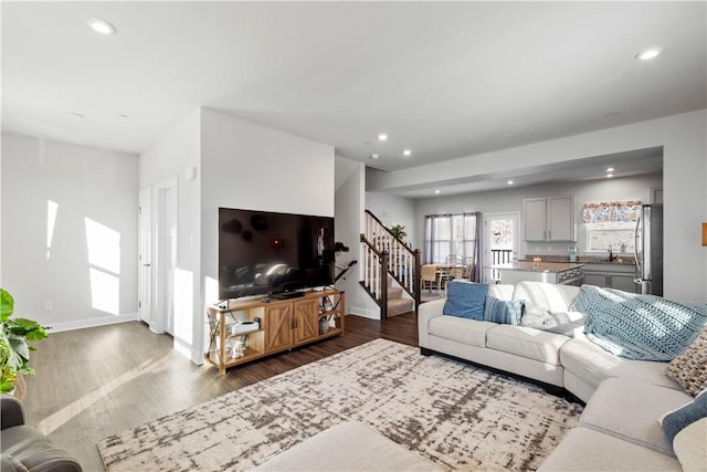 living room featuring dark hardwood / wood-style floors and sink