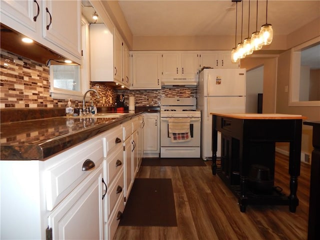 kitchen with decorative backsplash, dark wood-type flooring, white appliances, and white cabinetry