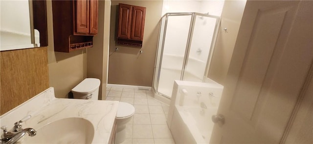 full bathroom featuring toilet, tile patterned flooring, sink, and shower with separate bathtub