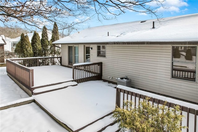 snow covered deck with central air condition unit