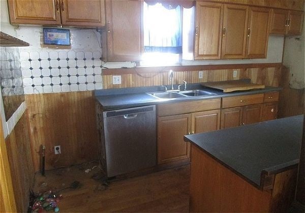 kitchen featuring stainless steel dishwasher, dark hardwood / wood-style floors, and sink