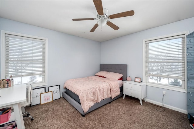 bedroom featuring ceiling fan and carpet floors