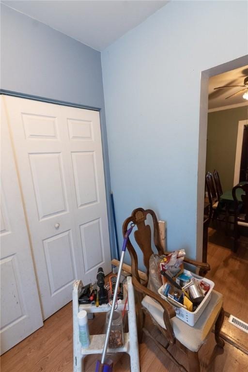 interior space with ceiling fan and wood-type flooring