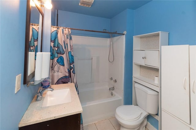 full bathroom with toilet, vanity, shower / bath combo, and tile patterned flooring