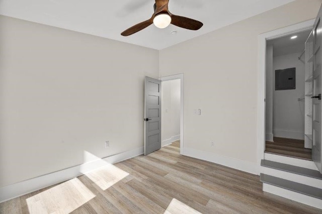 spare room featuring ceiling fan, light wood-type flooring, and electric panel