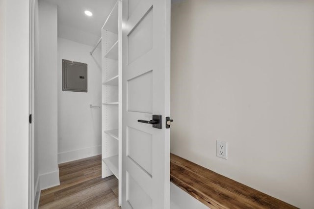 spacious closet with hardwood / wood-style floors and electric panel