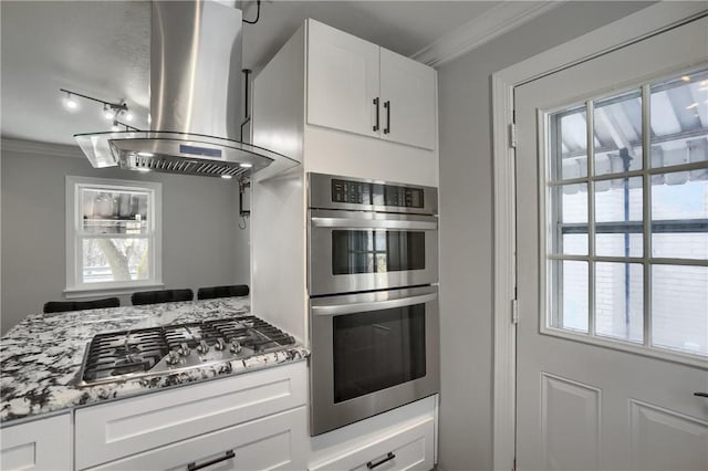 kitchen featuring white cabinets, ornamental molding, island exhaust hood, and stainless steel appliances