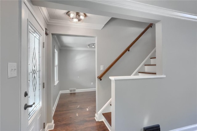 foyer entrance featuring crown molding and dark hardwood / wood-style floors