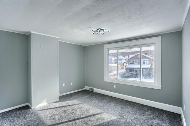 spare room featuring carpet, crown molding, and a textured ceiling