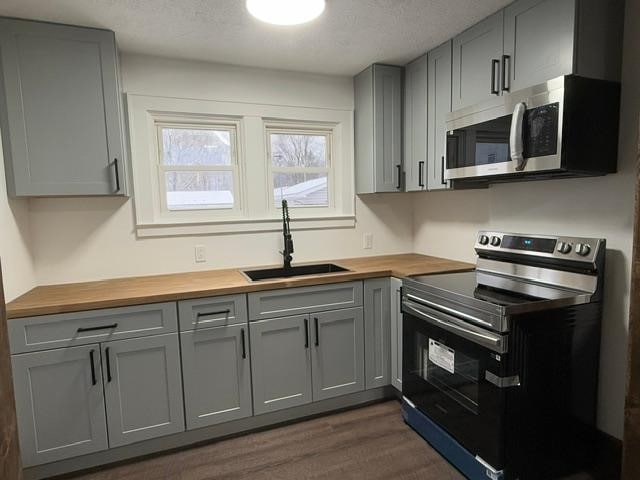 kitchen with gray cabinets, sink, butcher block counters, stainless steel appliances, and dark hardwood / wood-style flooring