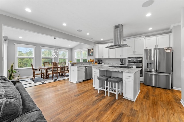 kitchen with white cabinetry, island exhaust hood, stainless steel appliances, pendant lighting, and a center island