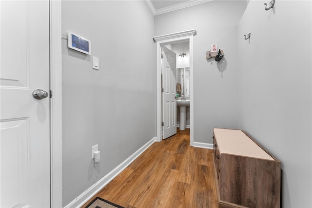 hallway with sink, hardwood / wood-style floors, and ornamental molding