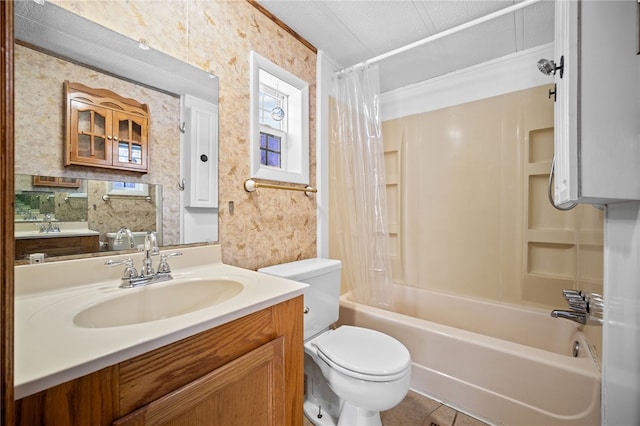 full bathroom featuring a textured ceiling, shower / bathtub combination with curtain, tile patterned floors, vanity, and toilet