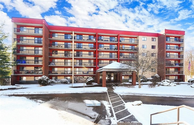 view of snow covered building