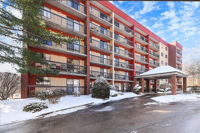 view of snow covered building