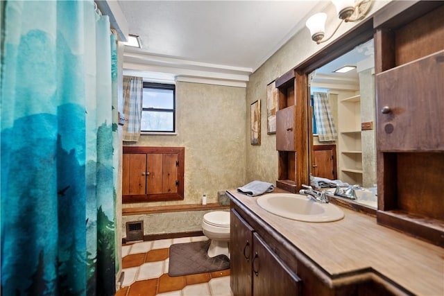 bathroom with curtained shower, tile patterned flooring, toilet, vanity, and visible vents