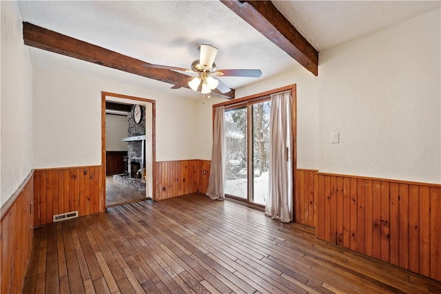 spare room featuring beam ceiling, visible vents, dark wood-type flooring, wainscoting, and wooden walls