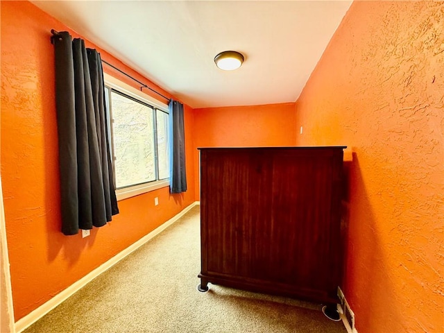 interior space featuring carpet floors, a textured wall, and baseboards