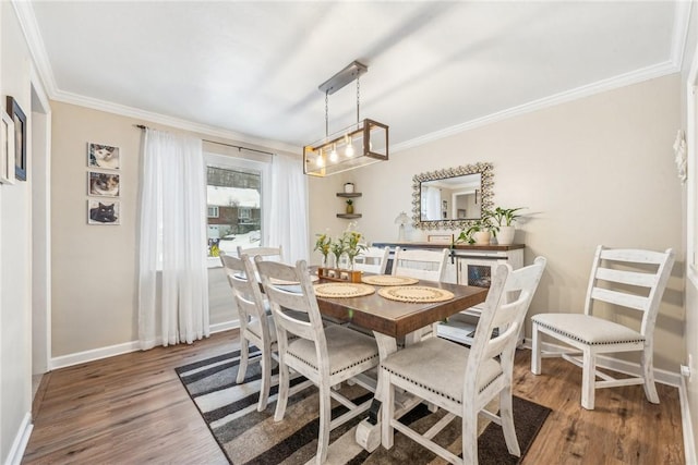 dining room featuring wood-type flooring and crown molding