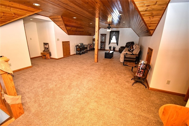 living area with ceiling fan, carpet floors, lofted ceiling, and wood ceiling