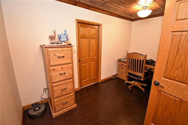 home office featuring dark wood-type flooring, wooden ceiling, and crown molding