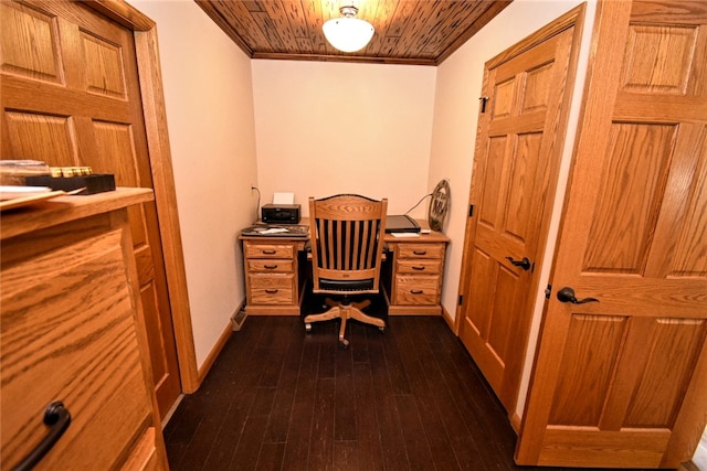 office space featuring built in desk, wood ceiling, crown molding, and dark hardwood / wood-style floors