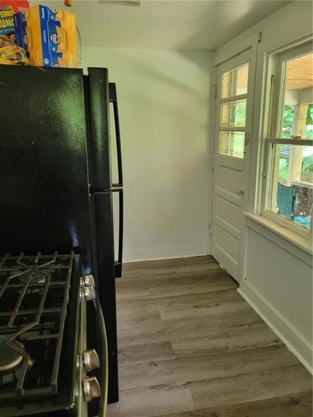 kitchen with wood-type flooring and black fridge