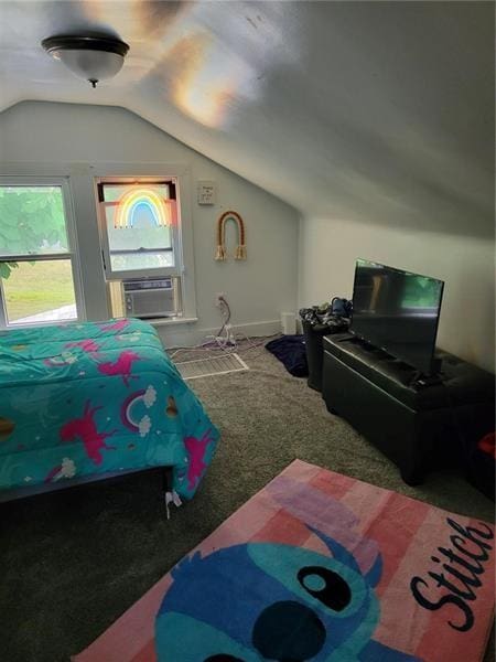 bedroom featuring lofted ceiling, cooling unit, and carpet floors