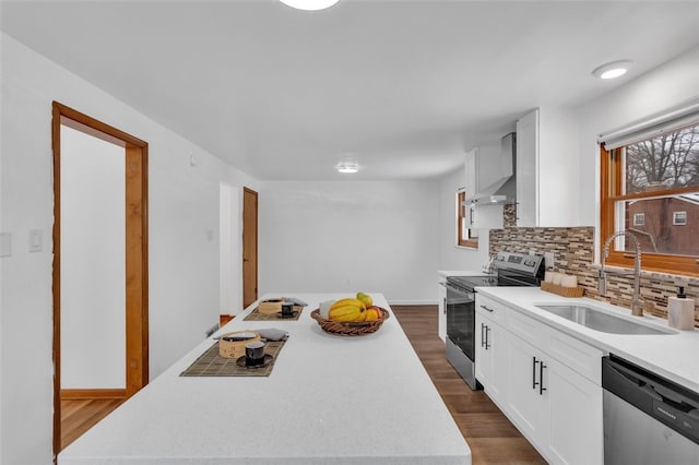 kitchen featuring white cabinetry, stainless steel appliances, decorative backsplash, wall chimney exhaust hood, and sink