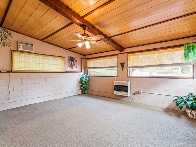 unfurnished room featuring heating unit, vaulted ceiling with beams, carpet floors, and wooden ceiling