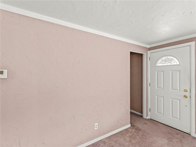 carpeted foyer featuring crown molding