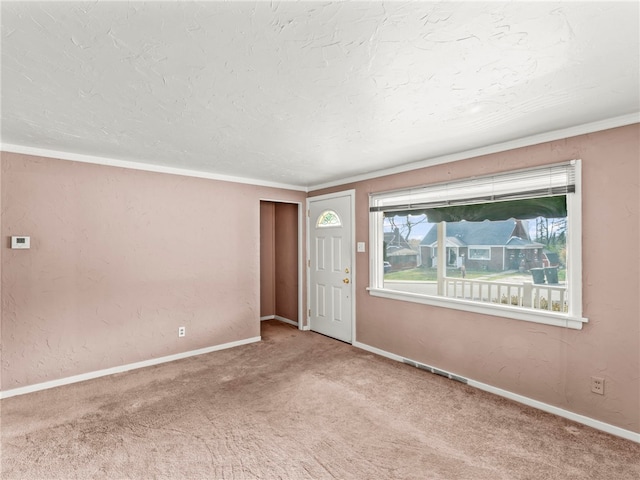 carpeted empty room with ornamental molding