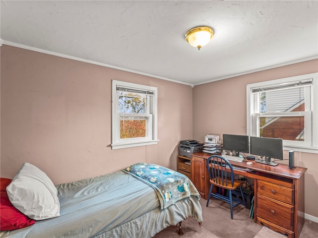 carpeted bedroom featuring crown molding and multiple windows