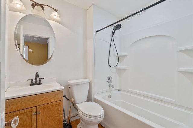 full bathroom with toilet, vanity, and bathing tub / shower combination