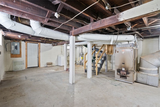 basement with water heater, electric panel, and washer / clothes dryer